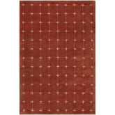 Hand-tufted rustic red wool rug with cream grid pattern.